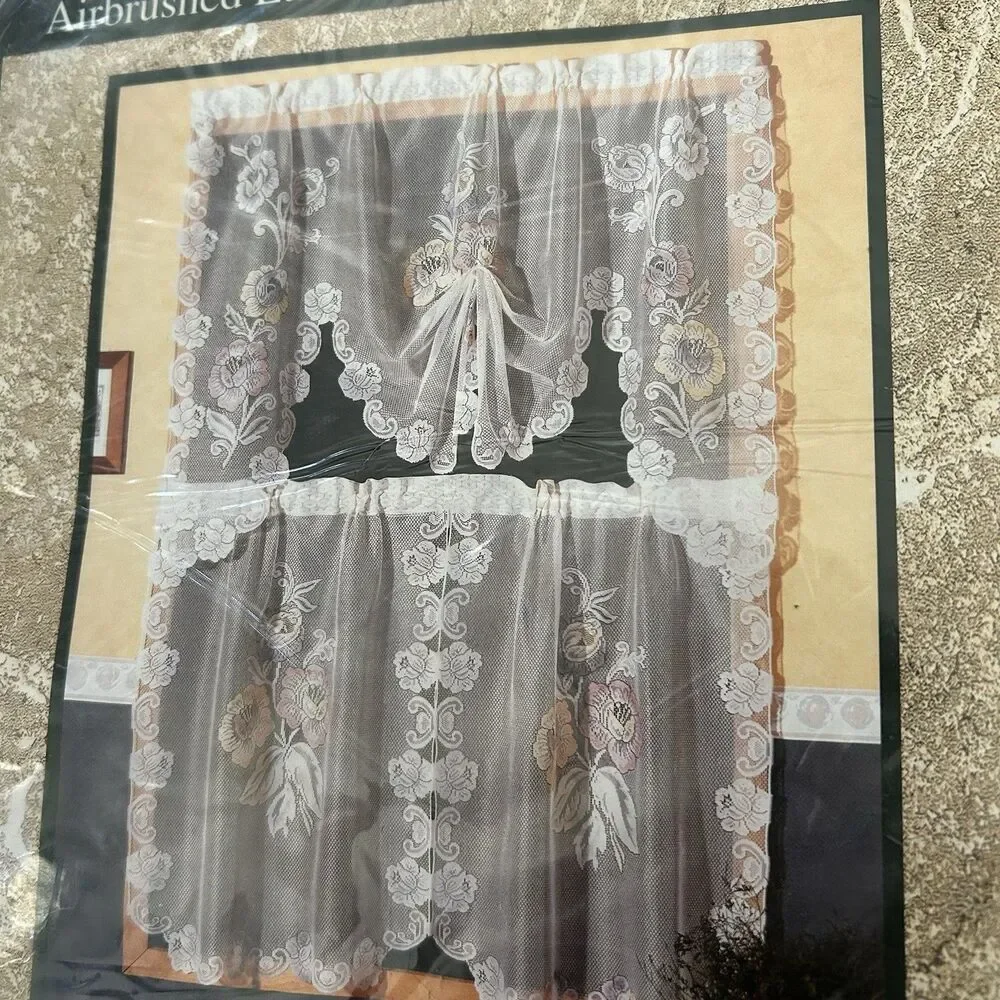 Vtg White Lace Floral Window Valance Two Tiers Fan Swag Lila Cottagecore